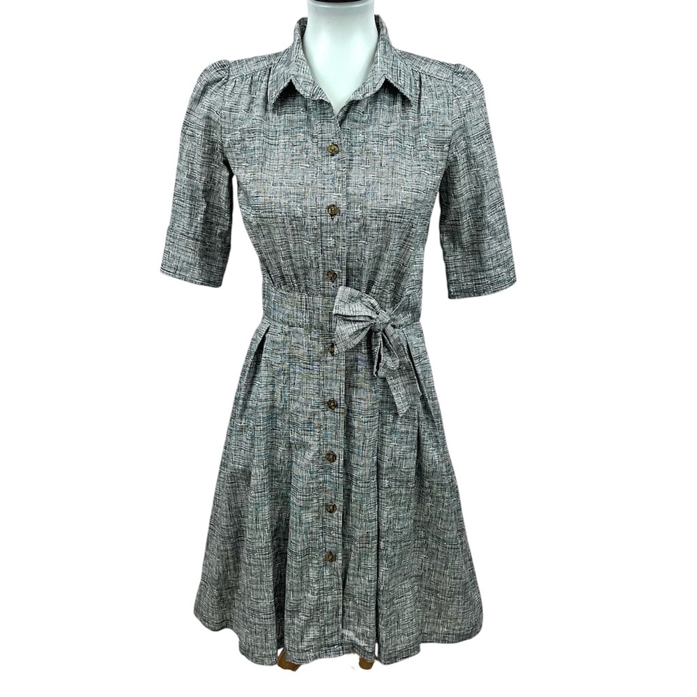 Archerie Retro Collared Button Up Crosshatch Pocket Cotton Faux Wrap Shirt Dress